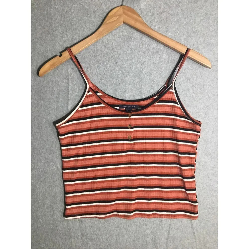 Womens American Eagle Tank Top Striped Earthy Fiery Tones Summer Button Orange